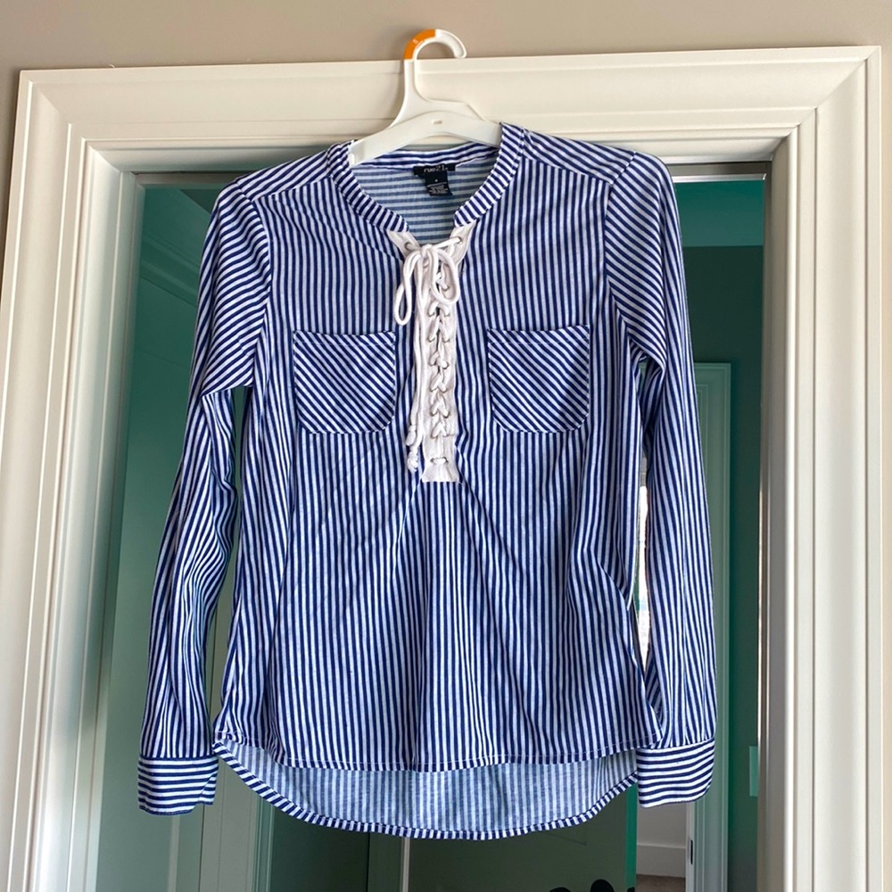 Blue Striped Lonsleeve Top with Tied Front Size S